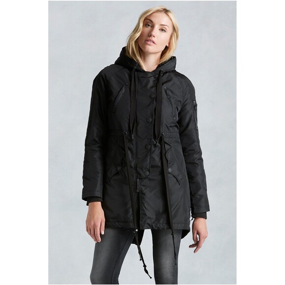 New NWT Womens $348 Parka Sherpa Designer True Religion Jeans Black S Hood Coat